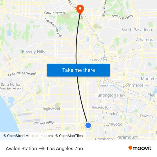 Avalon Station to Los Angeles Zoo map