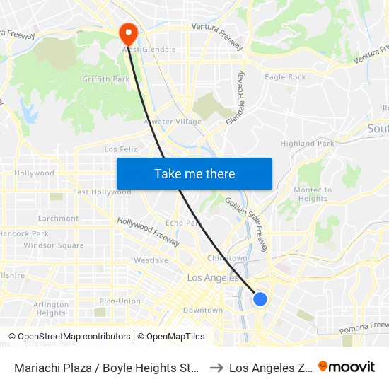 Mariachi Plaza / Boyle Heights Station to Los Angeles Zoo map