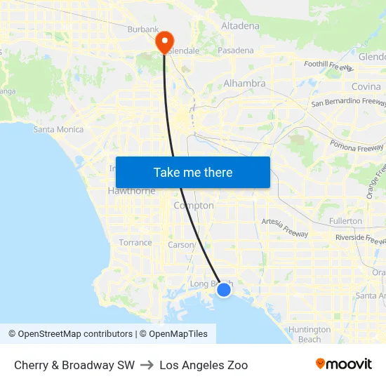 Cherry & Broadway SW to Los Angeles Zoo map