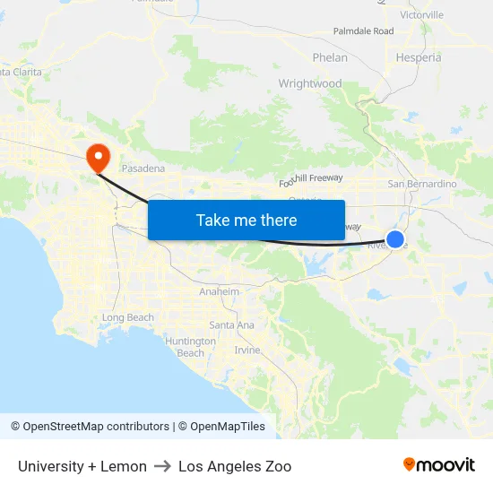 University + Lemon to Los Angeles Zoo map