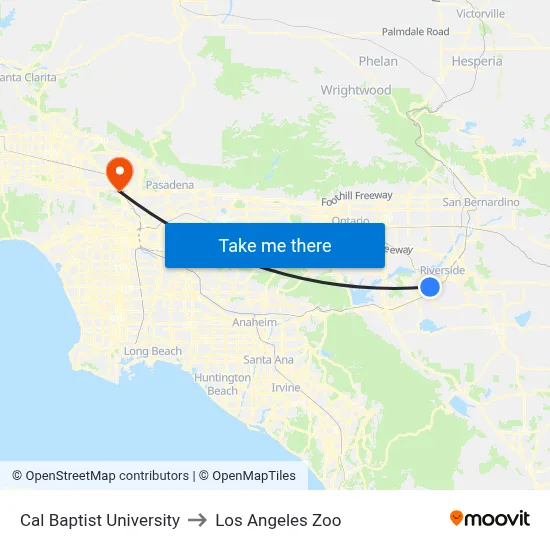 Cal Baptist University to Los Angeles Zoo map