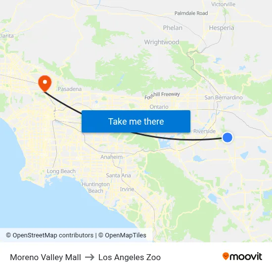 Moreno Valley Mall to Los Angeles Zoo map