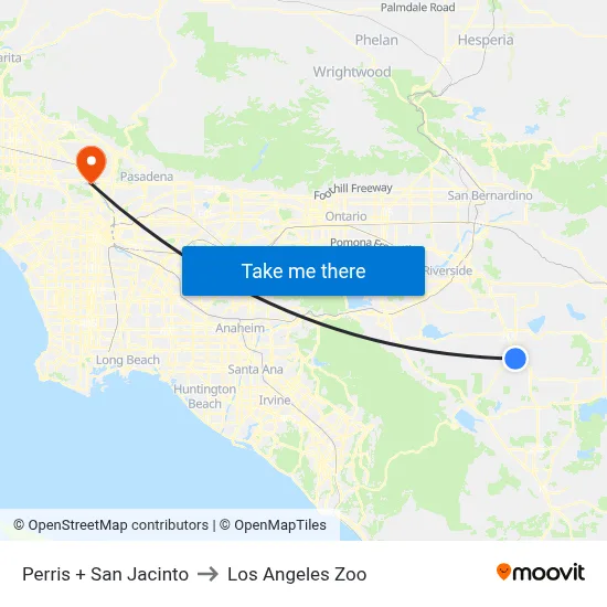 Perris + San Jacinto to Los Angeles Zoo map