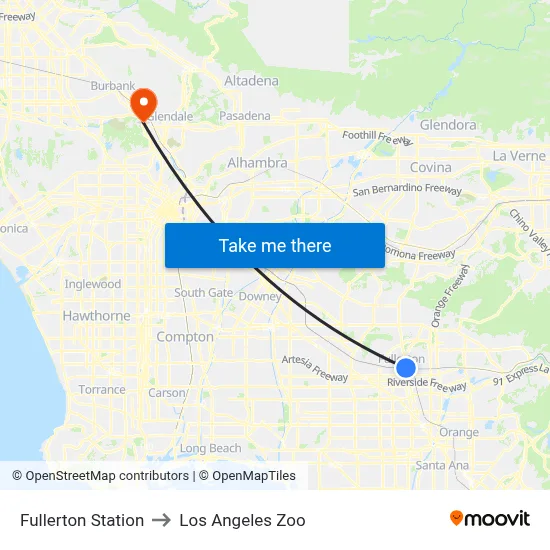 Fullerton Station to Los Angeles Zoo map