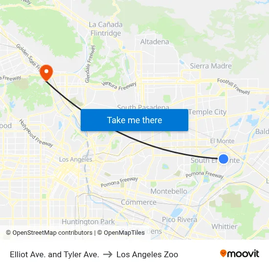 Elliot Ave. and Tyler Ave. to Los Angeles Zoo map