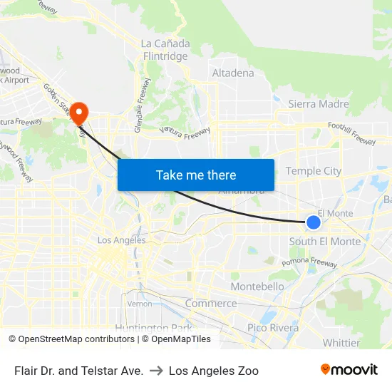 Flair Dr. and Telstar Ave. to Los Angeles Zoo map