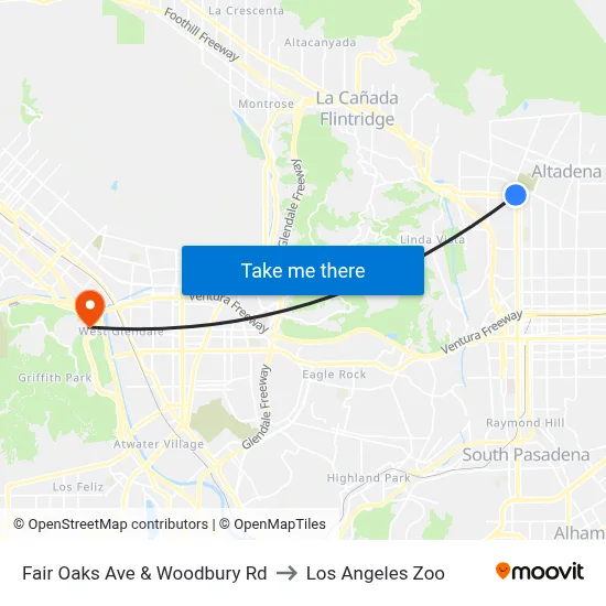 Fair Oaks Ave & Woodbury Rd to Los Angeles Zoo map
