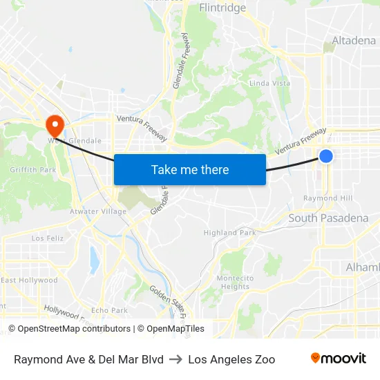Raymond Ave & Del Mar Blvd to Los Angeles Zoo map