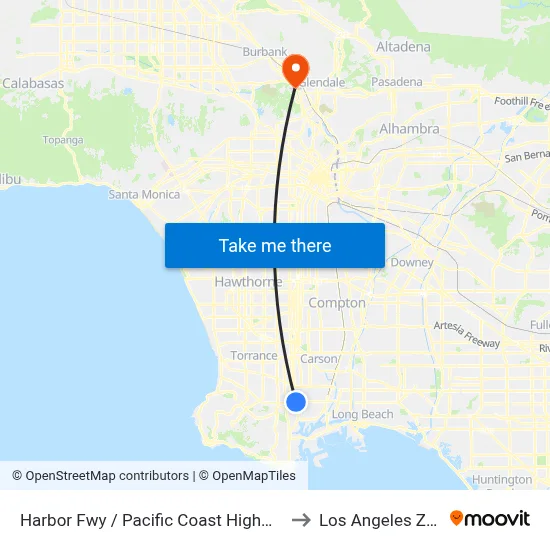 Harbor Fwy / Pacific Coast Highway to Los Angeles Zoo map