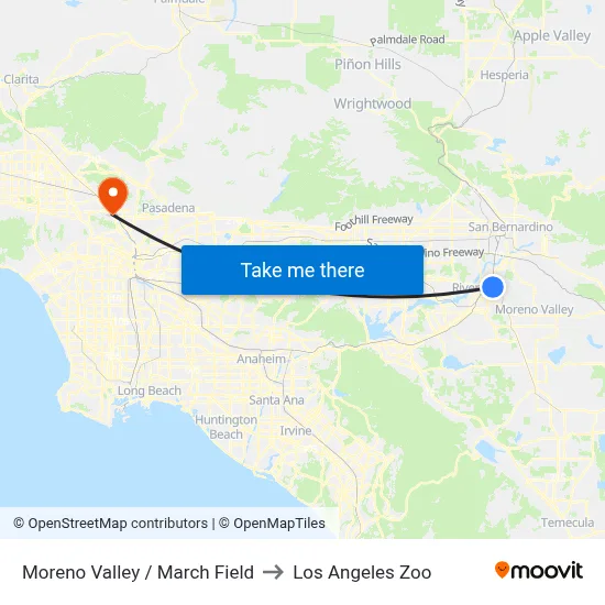 Moreno Valley / March Field to Los Angeles Zoo map