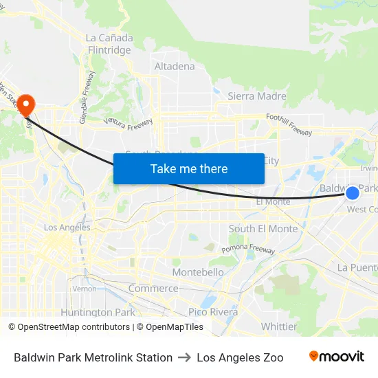 Baldwin Park Metrolink Station to Los Angeles Zoo map