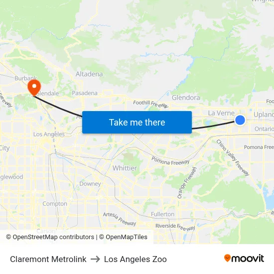 Claremont Metrolink to Los Angeles Zoo map