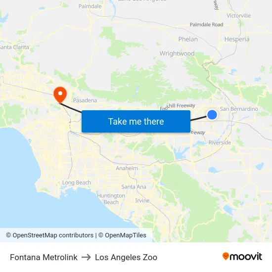 Fontana Metrolink to Los Angeles Zoo map
