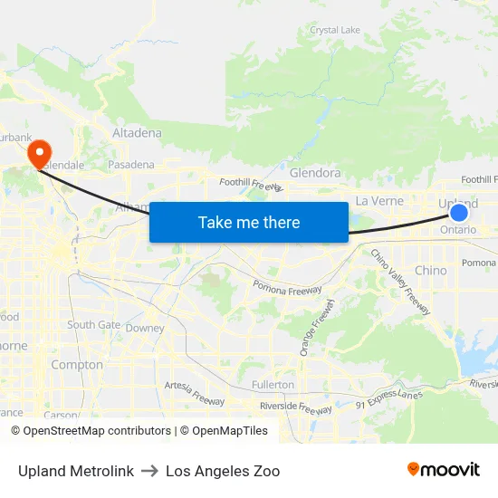 Upland Metrolink to Los Angeles Zoo map