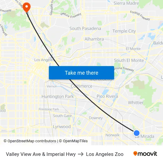 Valley View Ave & Imperial Hwy to Los Angeles Zoo map