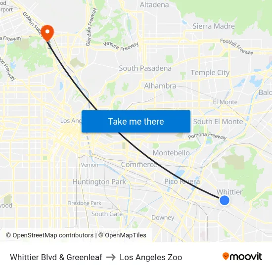 Whittier Blvd & Greenleaf to Los Angeles Zoo map
