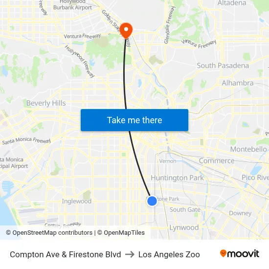Compton Ave & Firestone Blvd to Los Angeles Zoo map