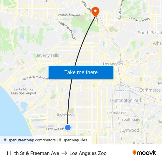 111th St & Freeman Ave to Los Angeles Zoo map