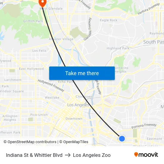 Indiana St & Whittier Blvd to Los Angeles Zoo map