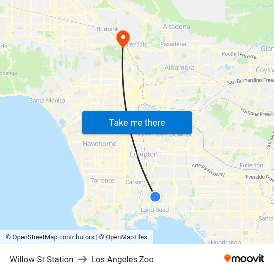 Willow St Station to Los Angeles Zoo map