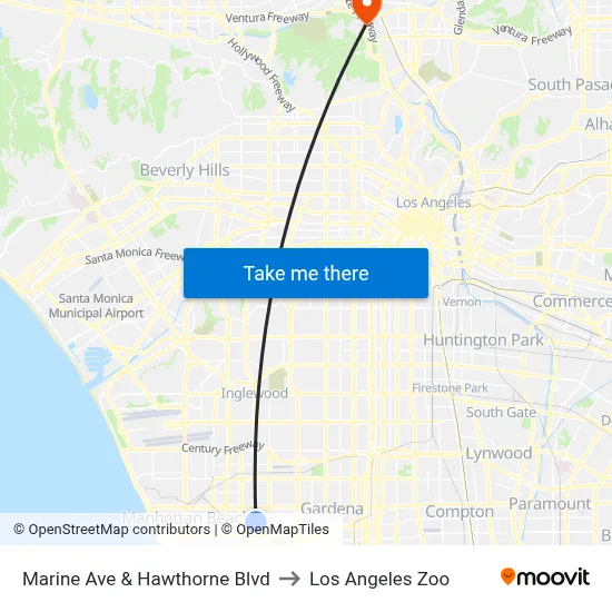 Marine Ave & Hawthorne Blvd to Los Angeles Zoo map