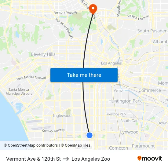 Vermont Ave & 120th St to Los Angeles Zoo map