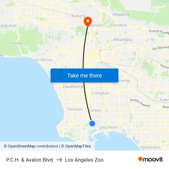 P.C.H. & Avalon Blvd. to Los Angeles Zoo map