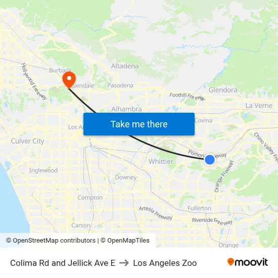 Colima Rd and Jellick Ave E to Los Angeles Zoo map