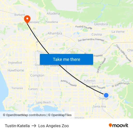 Tustin-Katella to Los Angeles Zoo map