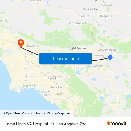 Loma Linda VA Hospital to Los Angeles Zoo map