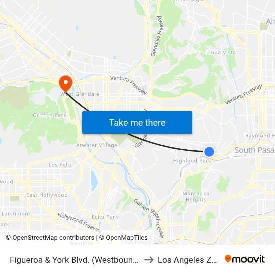 Figueroa & York Blvd. (Westbound) to Los Angeles Zoo map