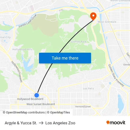 Argyle & Yucca St. to Los Angeles Zoo map