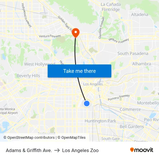 Adams & Griffith Ave. to Los Angeles Zoo map