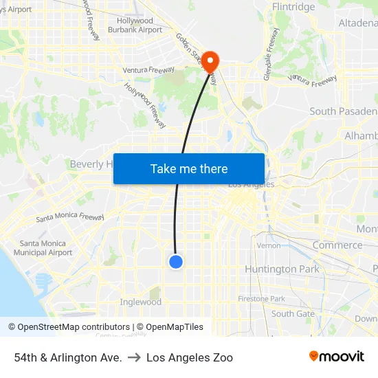 54th & Arlington Ave. to Los Angeles Zoo map
