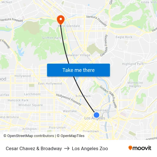 Cesar Chavez & Broadway to Los Angeles Zoo map