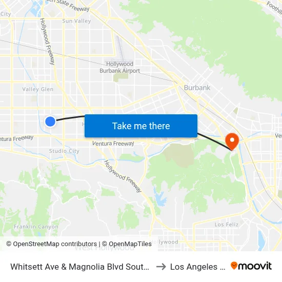 Whitsett Ave & Magnolia Blvd Southbound to Los Angeles Zoo map