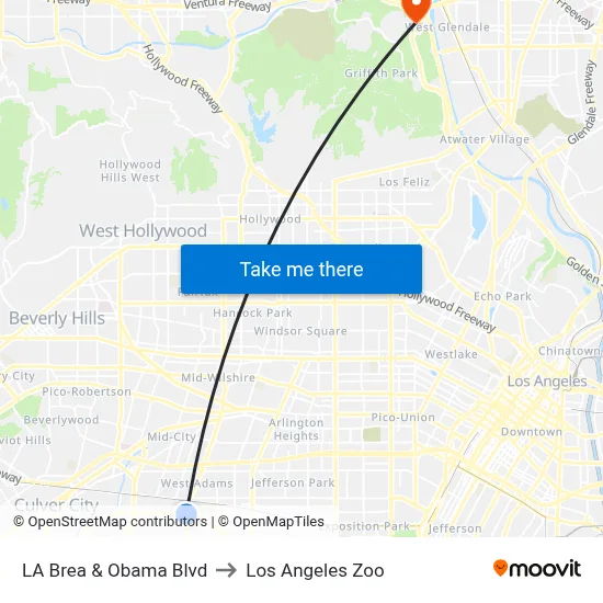 LA Brea & Obama Blvd to Los Angeles Zoo map