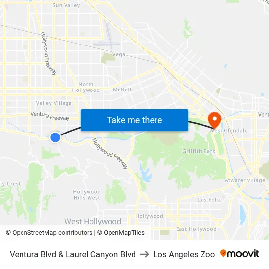 Ventura Blvd & Laurel Canyon Blvd to Los Angeles Zoo map