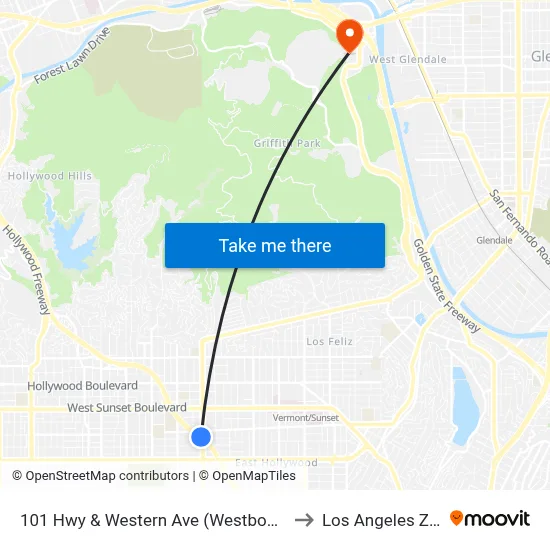 101 Hwy & Western Ave (Westbound) to Los Angeles Zoo map