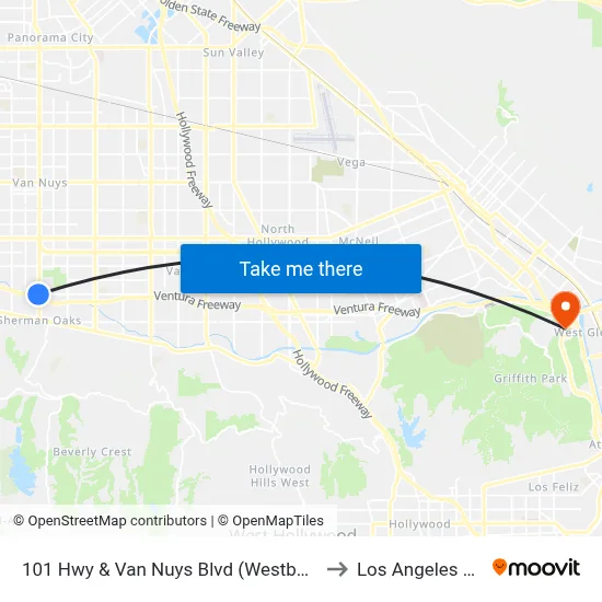 101 Hwy & Van Nuys Blvd (Westbound) to Los Angeles Zoo map