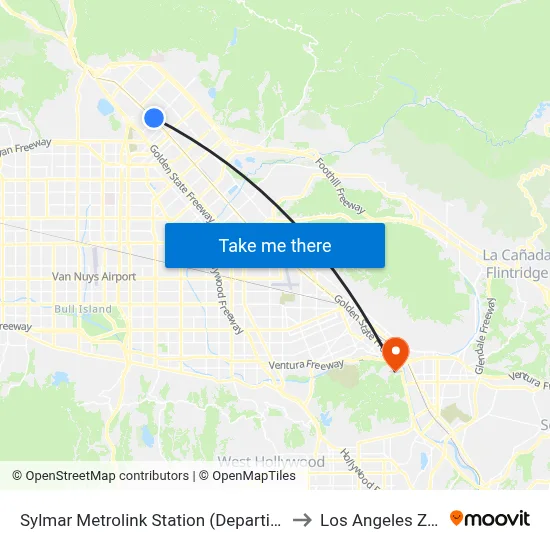 Sylmar Metrolink Station (Departing) to Los Angeles Zoo map