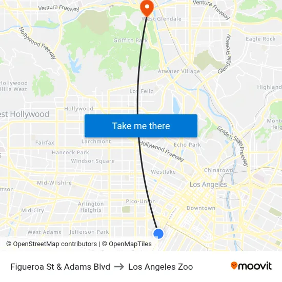 Figueroa St & Adams Blvd to Los Angeles Zoo map
