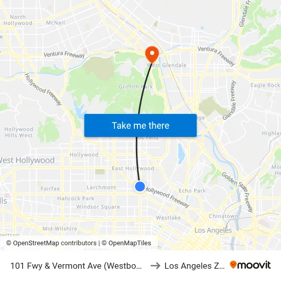 101 Fwy & Vermont Ave (Westbound) to Los Angeles Zoo map