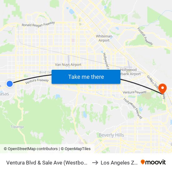 Ventura Blvd & Sale Ave (Westbound) to Los Angeles Zoo map