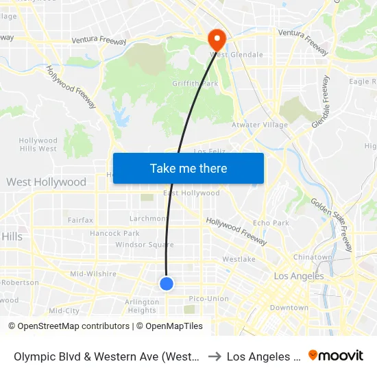 Olympic Blvd & Western Ave (Westbound) to Los Angeles Zoo map