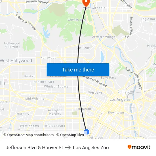 Jefferson Blvd & Hoover St to Los Angeles Zoo map