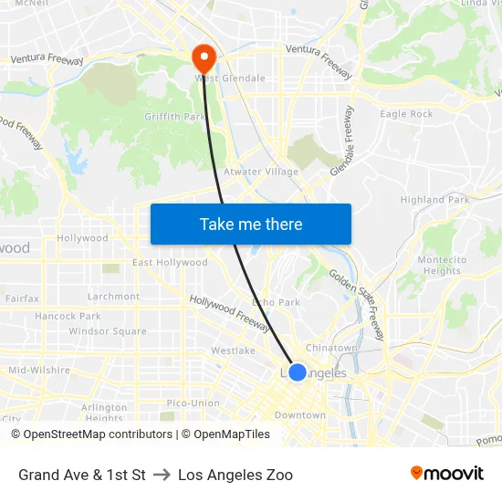 Grand Ave & 1st St to Los Angeles Zoo map