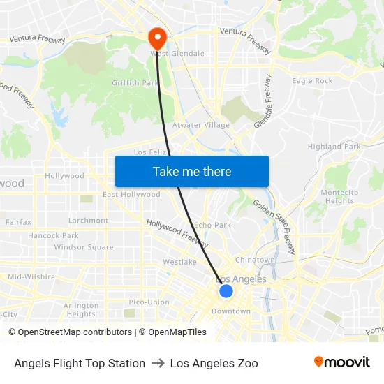 Angels Flight Top Station to Los Angeles Zoo map