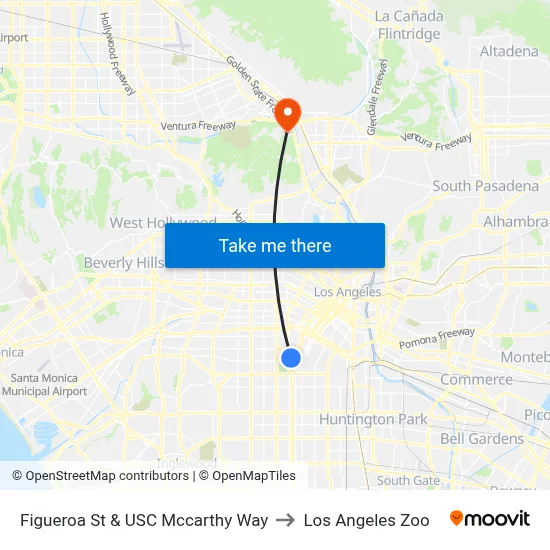 Figueroa St & USC Mccarthy Way to Los Angeles Zoo map