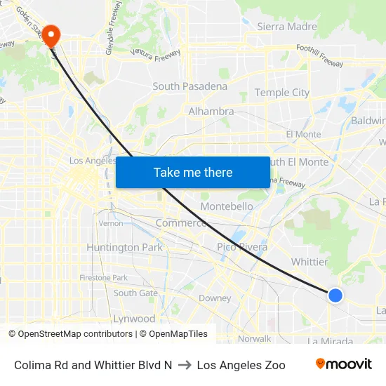 Colima Rd and Whittier Blvd N to Los Angeles Zoo map